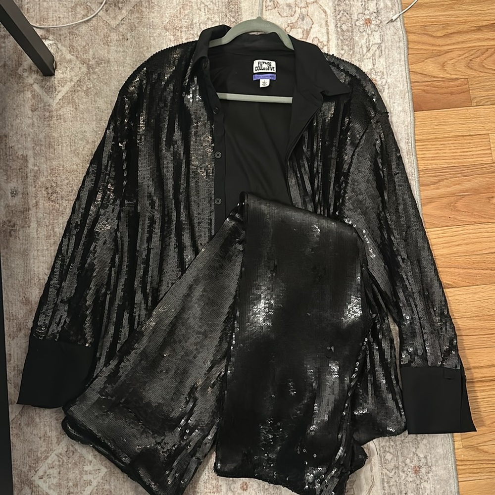 Black Sequin Two Piece Set- Button Down & Flare P… - image 3
